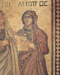 Mosaiikki, joka kuvaa lukevaa nuorta naista, Theseuksen talo, roomalainen huvila, Paphos, Kypros (kuva)