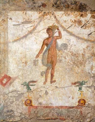 Neljännen Pompeian tyylin maalaus, joka kuvaa neroa korin ja tilan kanssa