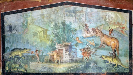 Maalaus kipsille, joka kuvaa niloottista kohtausta, jossa pygmejä hyökkäävät krokotiileja ja virtahepoja vastaan, 75x127 cm, Pompejista (UNESCOn maailmanperintöluettelo)