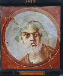 Muotokuva vanhasta miehestä (todennäköisesti runoilijasta tai filosofista) Italiasta, Campaniasta, Pompejista, maalaus kipsille, 55-79 jKr.