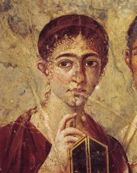 Leipuri Terentius Neon ja hänen vaimonsa muotokuva juhla-asuissa, yksityiskohta vaimosta kirjoituspuikkoineen ja avoimine diptyykkeineen, Pompejista, Campaniasta, Italiasta, 55-79 jKr.