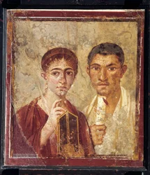 Muotokuva leipurista Terentius Neosta ja hänen vaimostaan juhlavaatteissa Italiasta, Campaniasta, Pompejista, 55-79 jKr., maalaus kipsille