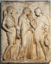 Roomalainen taide: ”Orfeus, Eurydike ja Hermes”. Marmorireliefi kreikkalaisen alkuperäisteoksen mukaan. Napoli, Museo Archeologico Nazionale