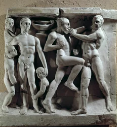 Roomalainen taide: nyrkkeilykohtaus. Matala helpotus. Rooman sivilisaation museo, Rooma