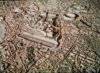 Roomalainen taide: malli, joka kuvaa Rooman kaupunkia antiikin alla. Keskustassa Circus Maximus tai Grand Circus on varattu tankkikilpailuihin. Rooma, Museo della Civilta romana - roomalainen taide. Circus Maximus ja etruskien seinät. Yksityiskohta jälleen