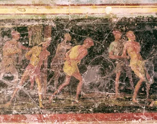 Roomalainen taide: orjia, yksityiskohta Villa Farnesinan huoneen C friisin freskosta, Rooma, Museo Nazionale Romano
