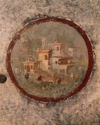 Pyöreä taloja ja rakennuksia, yksityiskohta freskosta House of Centenary, Pompei, Campania, roomalainen sivilisaatio