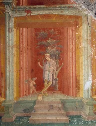 Teatterikohtaus, fresko (IV-tyyli) punaisella taustalla House of Pinarius Cerialisista, Pompejista (Unescon maailmanperintöluettelo)