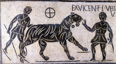 Tiikerin kesyttäjät Colosseumin seinillä - Roman Mosaic