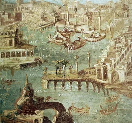 Näkymä Campanan (Pozzuoli) kaupungin satamasta Italiassa, Stabian fresko.