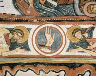 Romaaninen taide: "" Jumalan oikea käsi ja patriarkat Elia ja Henoch (tai Eenok). Yksityiskohta. Fresko Leonin koulusta (Espanja). 1132. Neitsyt del Caminin neitsyen pyhäkkö