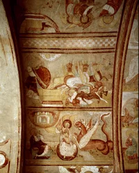 Romaaninen taide: Wienissä (Ranska) sijaitsevan Saint-Savin-sur-Gartempen (Saint Savin sur Gartempen) luostarin sisustus, Charlemagnen (1060-1115) perustama Seinämaalaus kattoon noin 1100. Fresko.