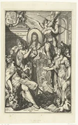 Allegorinen etulevy William III:n muotokuvalla Voyage de sa Majeste Britannique en Hollande (otsikko esineessä)
