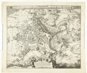 Luxemburgin oven pommitus de maarschalk de Créquy, 1684 Luxemburg, johtaja. sukunimi metropoli chimacens prinssi stren def. reg. Mutta Gallialaiset käsivarret valloittivat hänet. 4. kesäkuuta Ao. 8834 (otsikko esineessä)