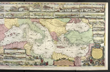 Välimeren kartta allegorisilla hahmoilla ja merihirviöillä koristamassa upeita, Charles Penen ja Pieter Mortierin teoksista "The French Neptune and Atlas Maritime and Suite du Neptune François"