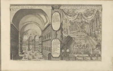 turkkilainen moskeija Konstantinopelissa; Keizerlijkhof Kiinassa Turksche pilkkaa van binnenia / S. Sofian moskeijan sisustus Konstantinopolissa // Chineese Hof Pomp / Emp:n tuomioistuimen loisto. Kiinasta. (otsikko esineessä) Itä-Intiat ja O
