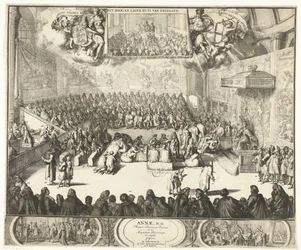 Zitting van het Lagerhuis ja koningin Anna op de troon, 1702 Anne, DG. Ison-Britannian kuningatar sekä Englannin suuret prinssit tunnustivat (otsikko esineessä)