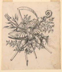 Piirustus, Pokaali, jossa on siivekäs tiimalasi, 1830-1850