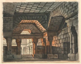 Lavastus, Linnoitettu linnan sisustus Gioachino Rossinin "Ciro in Babilonia", La Scala, Milano, 1818, "Underground Prison"