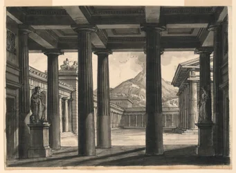 Lavasuunnittelu oopperalle "Pompejin viimeinen päivä" La Scalassa, Milanossa, 1827