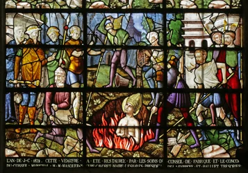 Ikkuna, joka kuvaa St Denisin marttyyrikuolemaa 1530-40