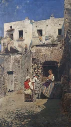 Aurinko, kirjoittanut Rubens Santoro (1859-1942), öljy paneelille. Italia, 1900-luku.