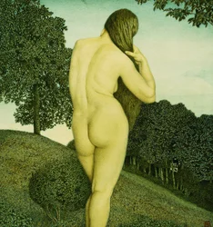 Seisoo alasti maisemassa