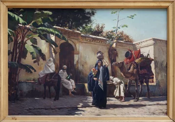 Marokon kohtaus, Rudolph (tai Rudolphe) Ernstin (1854-1932) öljymaalaus puulle, kohtaus jokapäiväisestä elämästä suihkulähteen ympärillä. Valokuvaus, KIM Youngtae, Nantes, Musee des Beaux Art de Nantes.