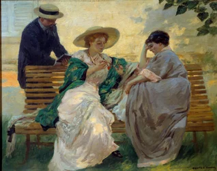 Hyvä aika: "Puhu" Porvarillinen lukeminen penkillä, Rupert Bunny (1864-1947) 1885