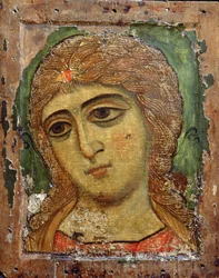 Arkkienkeli Gabriel (enkeli kultahiuksisella enkelillä) Venäjän ikoni, 1100-luku (munan tempera paneelissa)