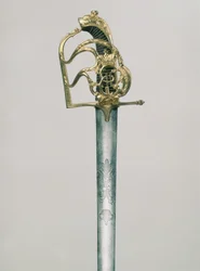 Upseerien leveä miekka, johon kaiverrettu kaksipäinen kotka Pyhän Yrjön hahmolla keisarillisen kruunun alla, kahva koristeltu Katariina II:n monogrammilla 1729-96, Venäjä, 1700-luku (teräs, broni