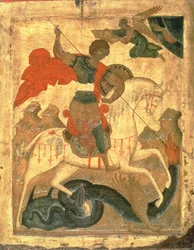 St. George and the Dragon (tempera kankaalla, gessolla ja puulla)