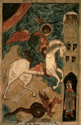 Pyhä Yrjö ja lohikäärme, venäläinen ikoni Vologdasta, 1400-luku (tempera paneelissa)