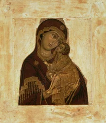 Donin neitsyt syleilee siunausta Kristus-lapsi, venäläinen ikoni, 1600-luku (paneeli)