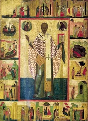 Pyhä Nikolaus Zaraiskilainen kohtauksineen elämästään, 1500-luvun alku.