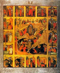 Laskeutuminen helvettiin Kristuksen kärsimyksen kohtauksilla, 1500-luku.