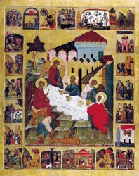 Vanhan testamentin kolminaisuus kohtauksineen Genesiksen kirjasta, n. 1580.