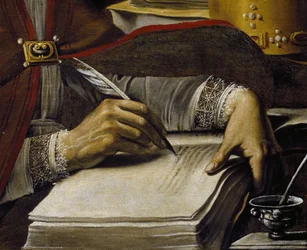 Kädet, kirjoitus sulkakynällä, yksityiskohta Saint Ambrousesta, kirjoittanut Rutilio Manetti (1571-1639), öljy kankaalle, 67x89 cm