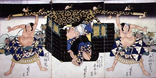 Kohtaus kabukinäytelmän 4. näytöksestä "Ashiya doman ouchi kagami".