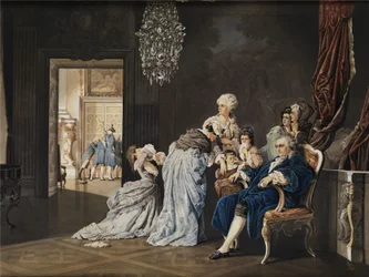 Ranskan kuninkaallisen perheen (Louis XVI ja Marie Antoinette) viimeiset tunnit Louvressa ennen vallankumouksellisten murtautumista. Akvarellimaalaus/guassi pahville. 38x51 cm. Monogrammi "SG" ja päivätty "1877" oikeassa alakulmassa