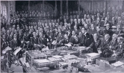 Yksi parlamentin historian merkittävimmistä tapahtumista 3. elokuuta 1914, Cassells History of the British People -julkaisusta, jonka on julkaissut Waverley Book Company Limited, noin 1940.