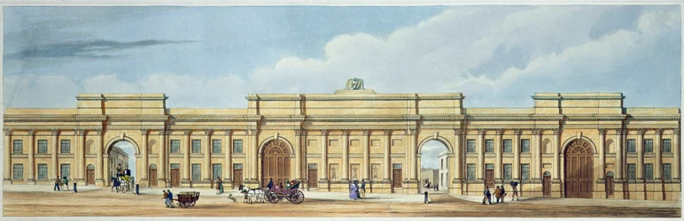 Uusi Grand Entrance Liverpoolin ja Manchester Railwaylle, Lime Street, Liverpool, "Liverpool and Manchester Railwaysta", kaiverrettu John Harris, pubi. Ackermann und Co., 1836