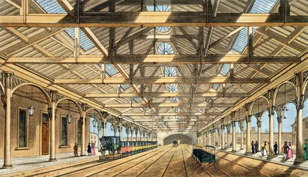 New Station, Lime Street, tunnelin sisäänkäynti ja varauspisteet, kuvasta "Liverpool and Manchester Railway", kaiverrettu John Harrisin toimesta, julkaissut Ackermann und Co., 1836.