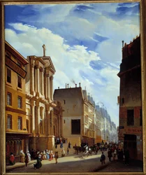 Näkymä Saint Honore -kadulle ja Saint Rochin kirkkoon Pariisissa vuonna 1840 (öljy kankaalle)