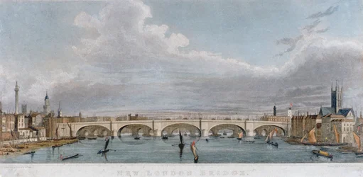 Näkymä London Bridgelle lännestä veneillä Thames-joella, 1829