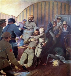 Tsaari Nikolai II:n (1868-1918) ja hänen perheensä teloitus Jekaterinburgissa, 17. heinäkuuta 1918, H. de Weindelin teoksesta "Neuvostojen historia", 1923-24