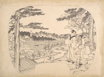 Kaksi naista ihailemassa nähtävyyksiä näköalapaikalta... Zenpukuji-temppeli, 1800-luku.