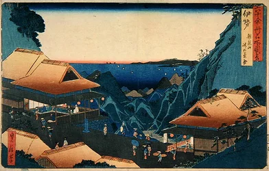 Isen maakunta: Teekojuja Asama-vuoren solalla, sarjasta "Kuvituksia kuuluisista paikoista kuudenkymmenen pariton maakunnassa", 1850-luvun loppu (värillinen puupainatus)