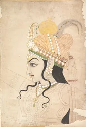 Krishnan pää: sarjakuva Raslilan seinämaalaukseen, n. 1800.