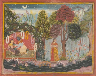 Krishna ja Radha bowerissa: Sivu hajallaan olevasta Gita Govindasta, n. 1665.